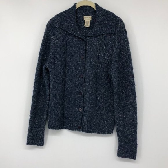 Vintage LL Bean Blue marled wool blend cable knit button down sweater - Picture 4 of 14